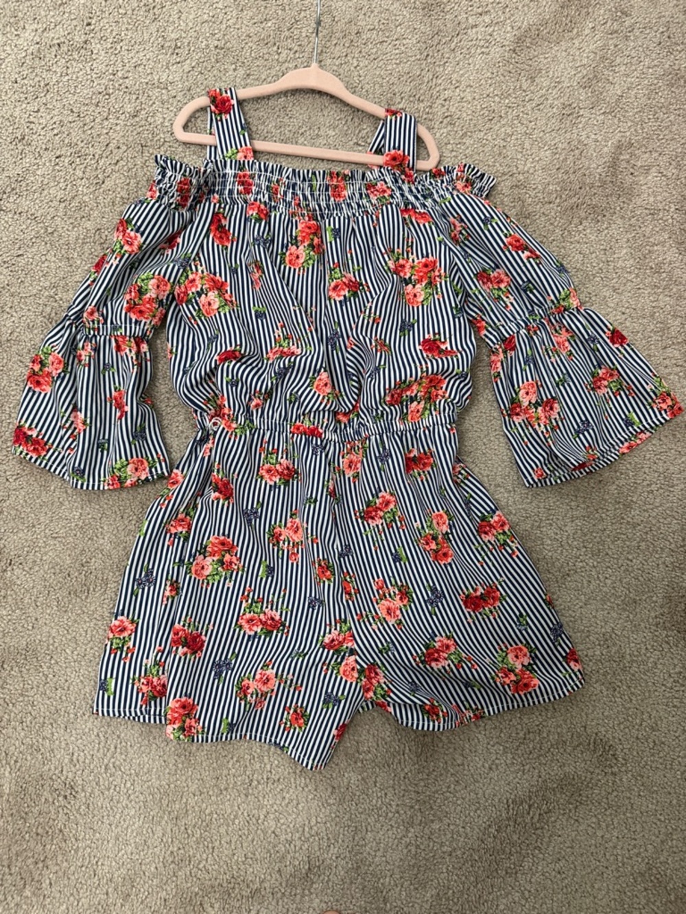 My Michelle Navy & White Striped Floral Off-Shoulder Romper with Red Flowers